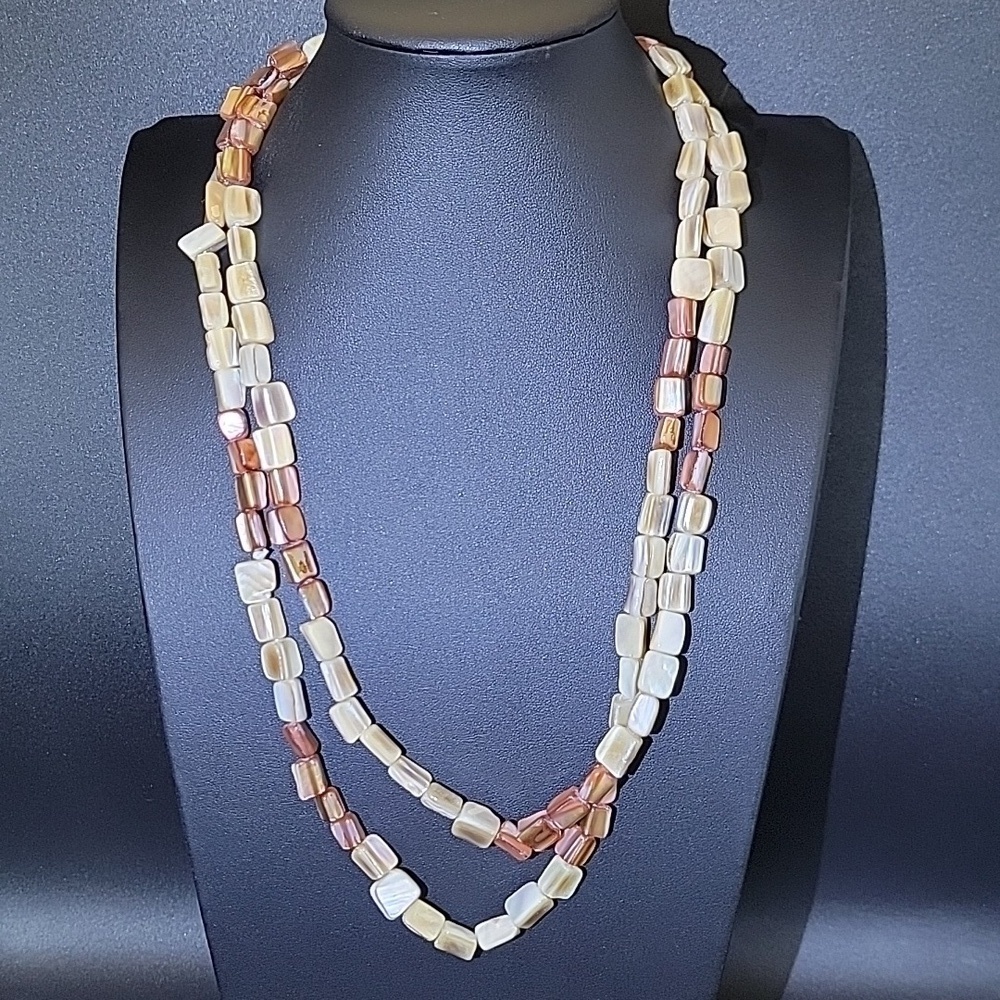 Long Continuous 76" Strand Mother of Pearl Beaded Shell Necklace Shiny Brown Tan